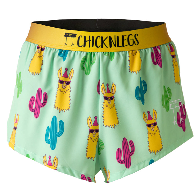 Ghost image of Chicknlegs men's 2 inch split running shorts in the green llama design