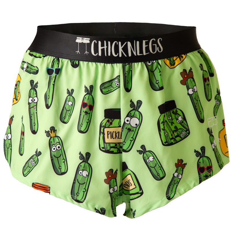 Ghost image of Chicknlegs men's 2 inch split running shorts in the pickles design