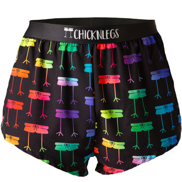 Ghost image of the ChicknLegs men's rainbow mile  2 inch split running shorts.