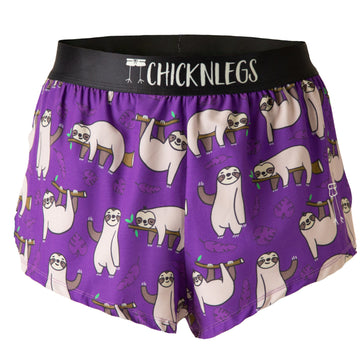 Ghost image of Chicknlegs men's 2 inch split running shorts in the sloths design