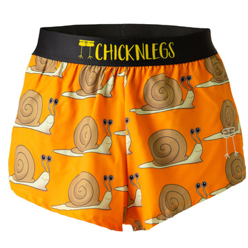 Ghost image of Chicknlegs men's 2 inch split running shorts in the snails design