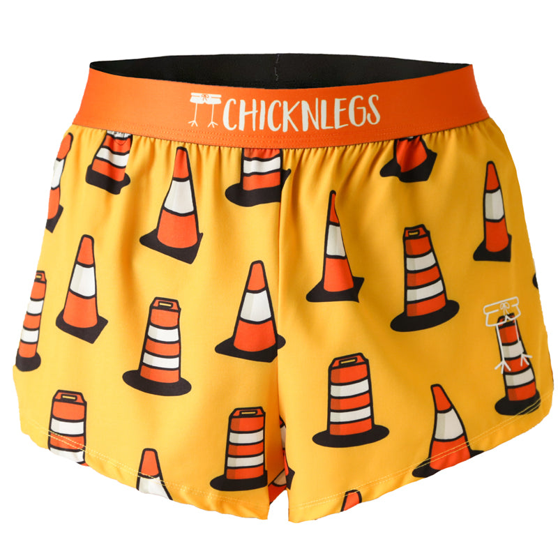 Ghost image of Chicknlegs men's 2 inch split running shorts in the traffic cones design