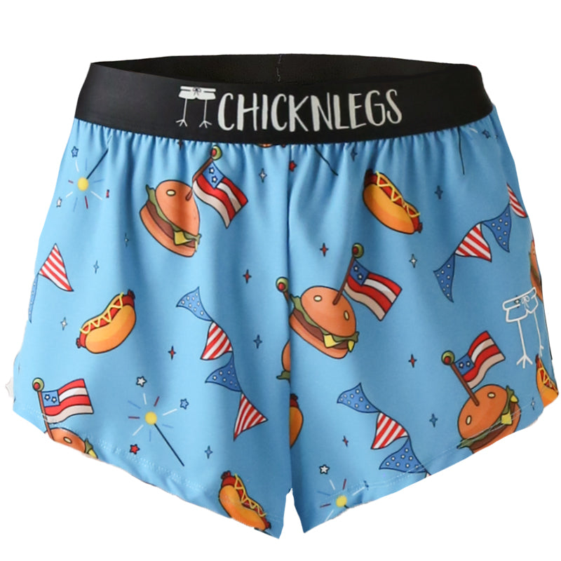 Ghost image of Chicknlegs men's 2 inch split running shorts in the USA cookout design