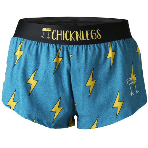 Closeup product shot of the women's blue bolts 1.5 inch split running shorts from ChicknLegs.