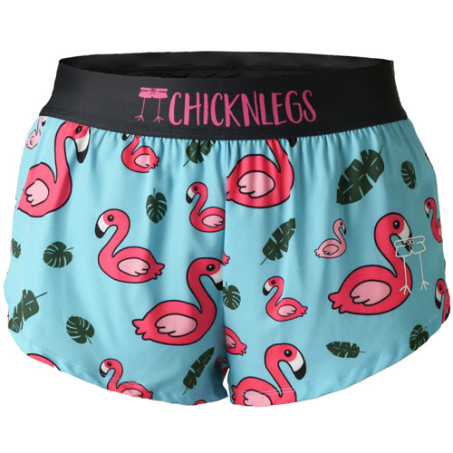 Closeup product shot of the women's blue flamingo 1.5 inch split running shorts from ChicknLegs.
