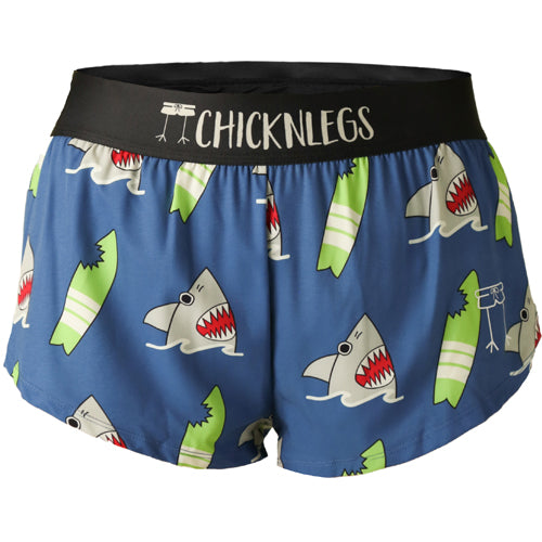 Closeup product shot of the women's blue sharks 1.5 inch split running shorts from ChicknLegs.