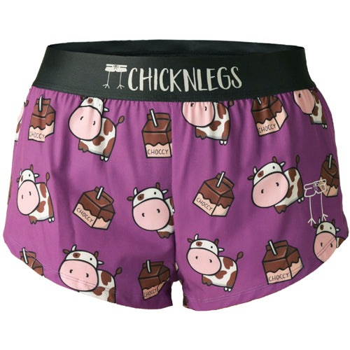 Closeup product shot of the women's choccy cows 1.5 inch split running shorts from ChicknLegs.