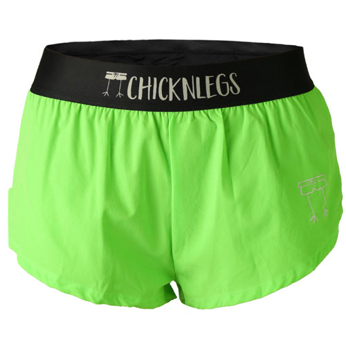 Closeup product shot of the women's neon green 1.5 inch split running shorts from ChicknLegs.