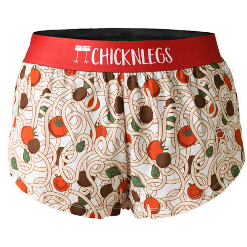 Closeup product shot of the women's pasta night 1.5 inch split running shorts from ChicknLegs.