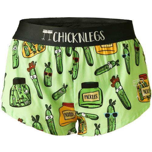 Closeup product shot of the women's pickles 1.5 inch split running shorts from ChicknLegs.