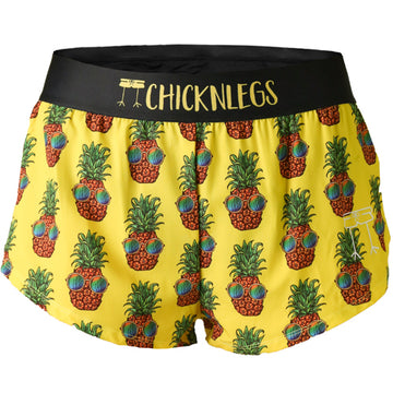 Closeup product shot of the women's pineapple express 1.5 inch split running shorts from ChicknLegs.