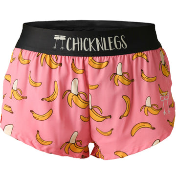 Closeup product shot of the women's pink bananas 1.5 inch split running shorts from ChicknLegs.