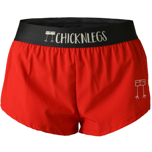 Closeup product shot of the women's red 1.5 inch split running shorts from ChicknLegs.