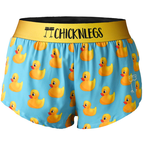 Closeup product shot of the women's rubber ducky 1.5 inch split running shorts from ChicknLegs.