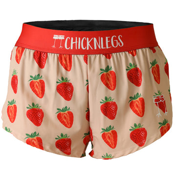 Closeup product shot of the women's strawberry szn 1.5 inch split running shorts from ChicknLegs.
