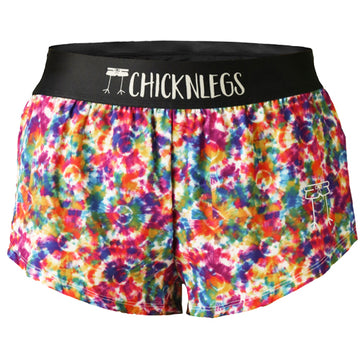 Closeup product shot of the women's tie-dye 1.5 inch split running shorts from ChicknLegs.