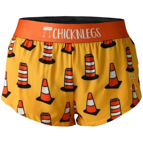 Closeup product shot of the women's traffic cones 1.5 inch split running shorts from ChicknLegs.