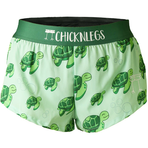 Closeup product shot of the women's sea turtles 1.5 inch split running shorts from ChicknLegs.