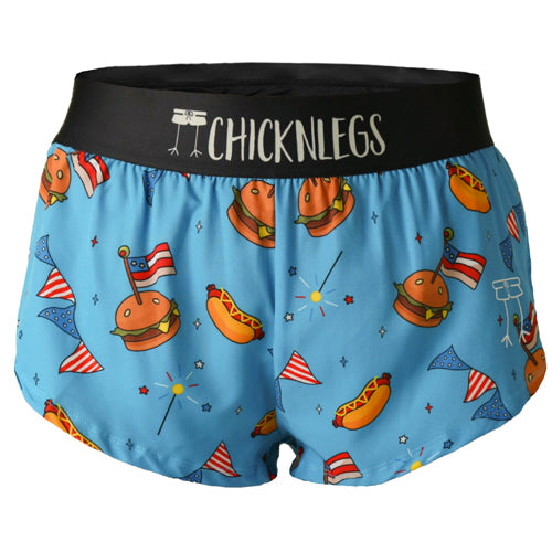 Ghost image of Chicknlegs women's 1.5 inch split running shorts in the USA cookout design.