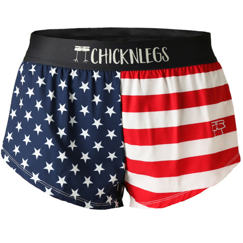 Closeup product shot of the women's usa 1.5 inch split running shorts from ChicknLegs.