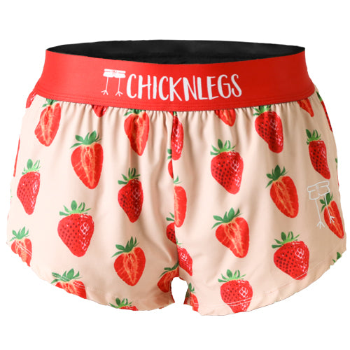 Closeup product shot of the women's strawberry szn 1.5 inch split running shorts from ChicknLegs.