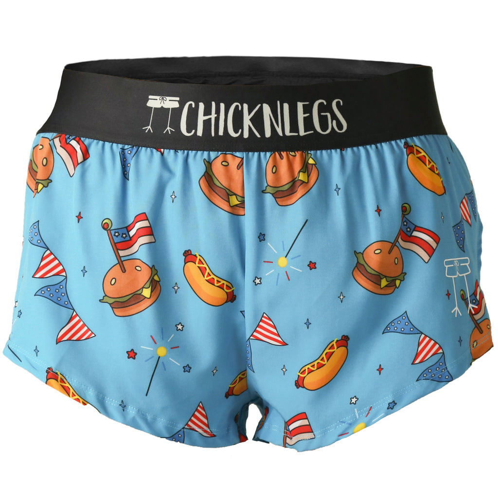 Closeup product shot of the women's USA cookout 1.5 inch split running shorts from ChicknLegs.