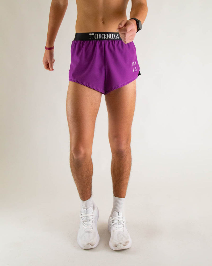 ChicknLegs men's 2 in split running shorts in the solid deep purple color to match with the choccy cow print.