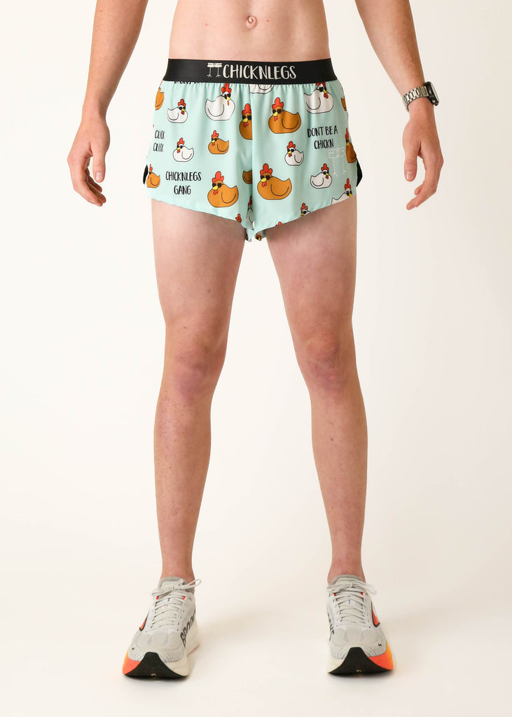 Model wearing Chicknlegs men's 2 inch split running shorts wearing the swaggy chickn design facing front.
