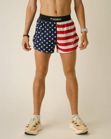 Runner is wearing ChicknLegs in the men's 4 in split running shorts with a back pocket and inner liner pocket. The print is a USA State Flag. Great for runners who love the American pride.