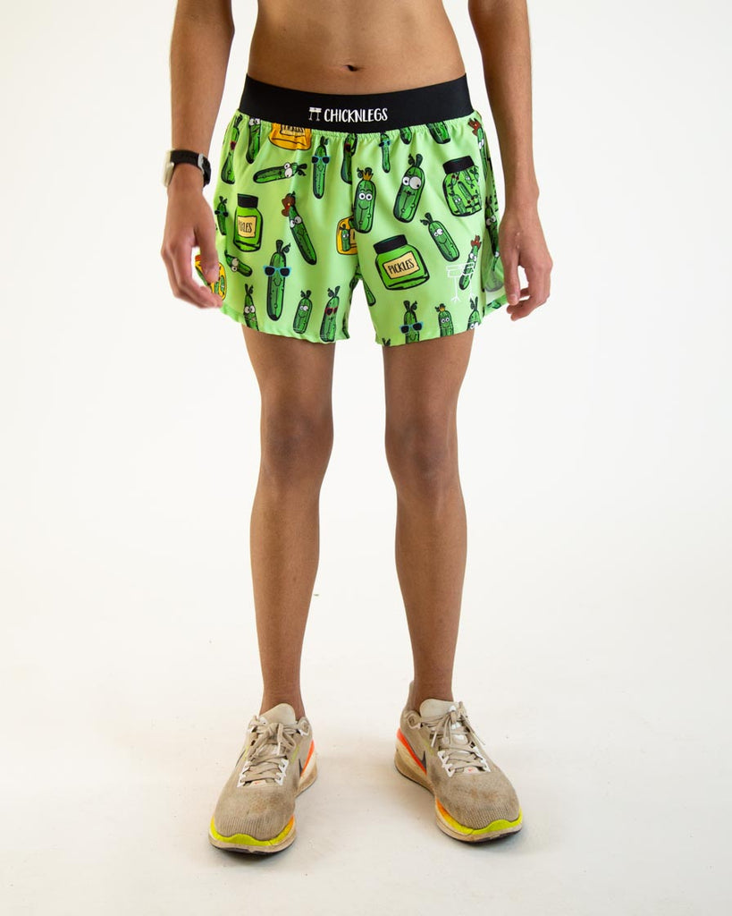 Runner is wearing ChicknLegs in the men's 4 in split running shorts in the pickles design.