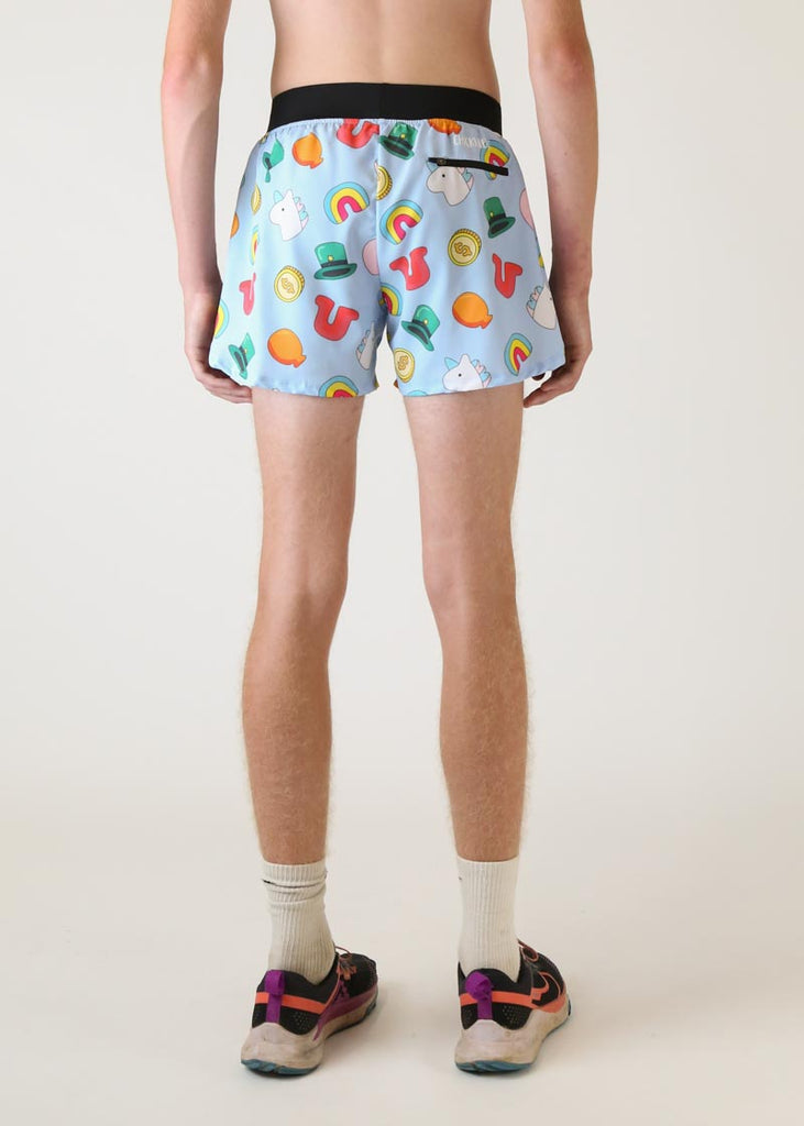 Model wearing Chicknlegs men's 4 inch split running shorts charms design back view