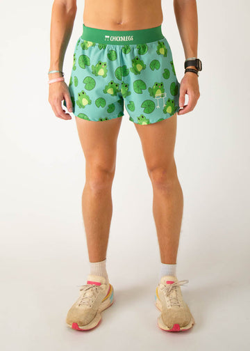 Model is a runner wearing Chicknleg's men's 4 inch split running shorts in the fartlek frog design, facing front.
