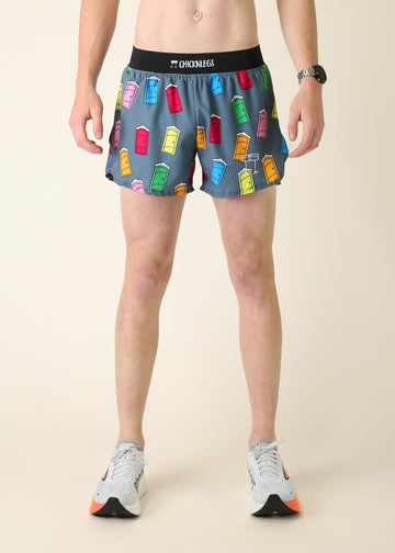 Model wearing Chicknlegs men's 4 inch split running shorts in the porta potty design facing front.