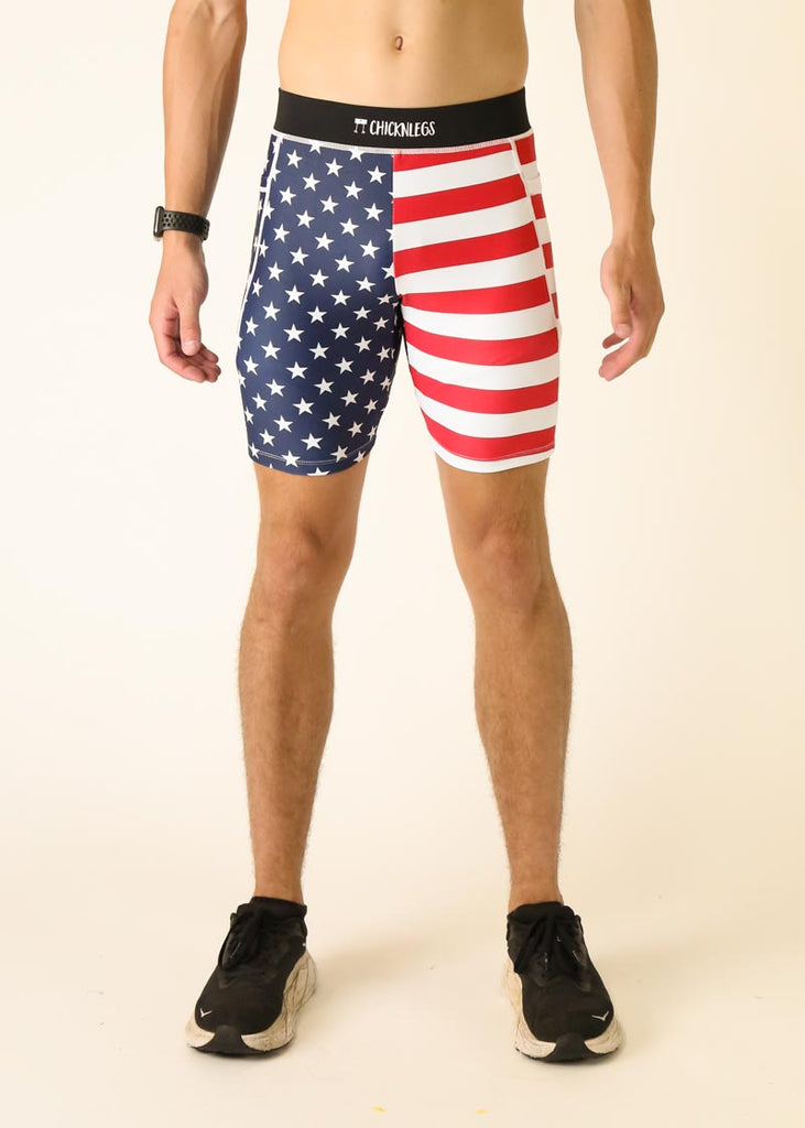 Model wearing Chicknlegs men's 8 inch half tights in the USA design facing front.