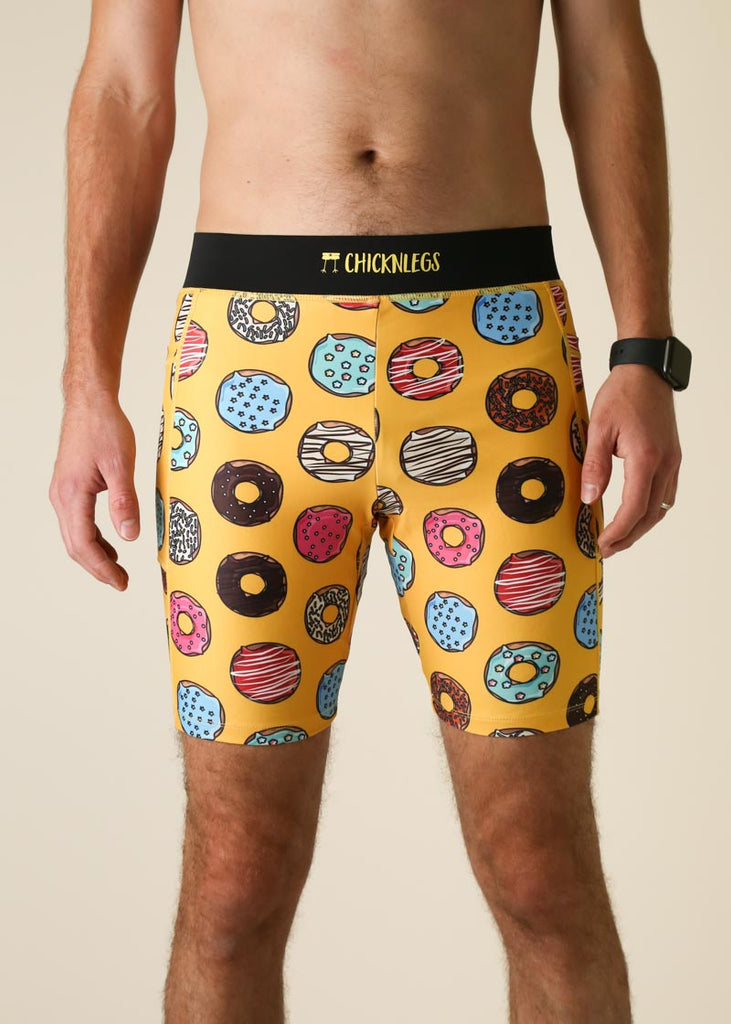 Chicknlegs Mens 8 inch half tights with pocket donuts front view