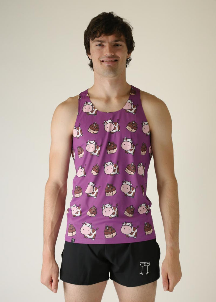 Model wearing Chicknlegs men's performance singlet wearing choccy cow design front view.