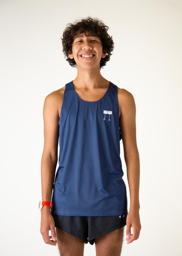 The model is a runner who is wearing Chicknlegs men's running performance singlet in the navy design, facing front.