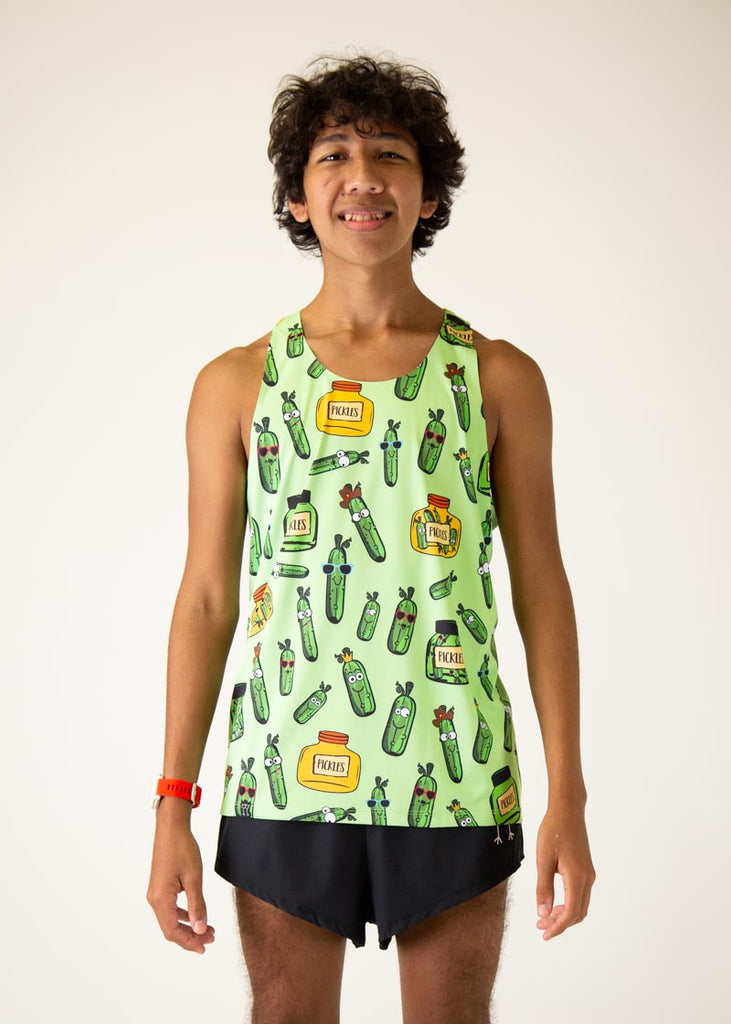 The model is a runner who is wearing Chicknlegs men's running performance singlet in the pickles design, facing front.