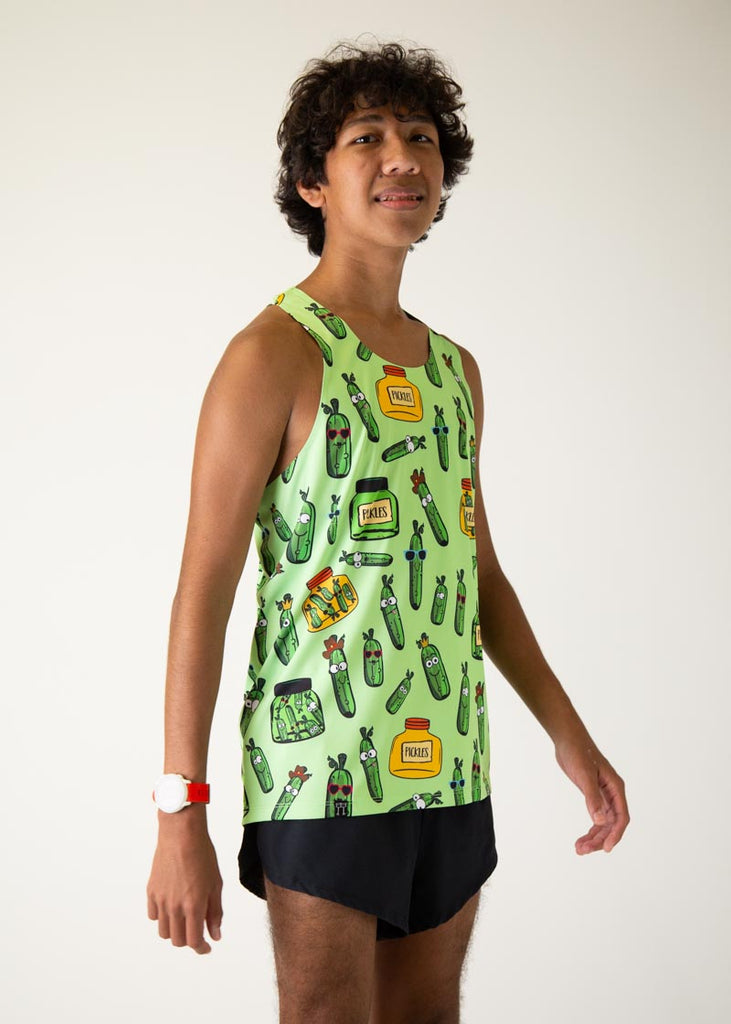 The model is a runner who is wearing Chicknlegs men's running performance singlet in the pickles design, facing right.