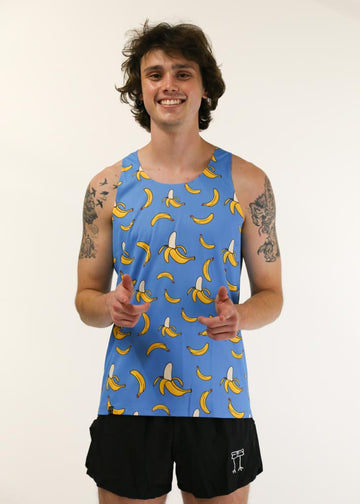 Front view of the men's blue bananas performance running singlet.