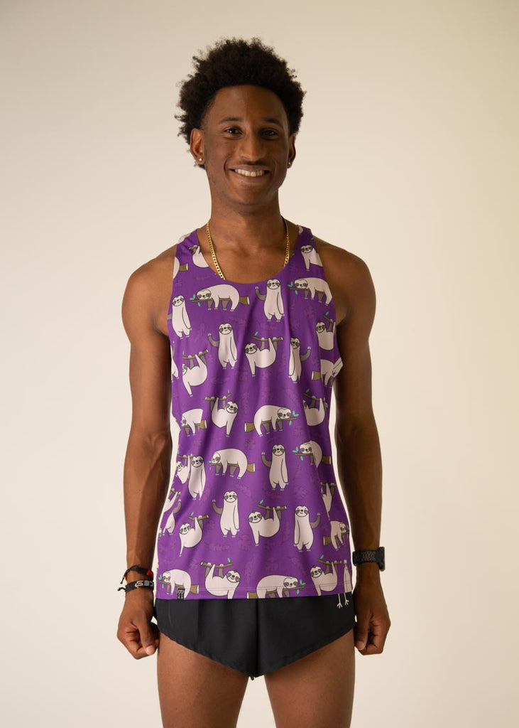 Model is wearing Chicknlegs men's runner singlet in the Sloth design, facing front.