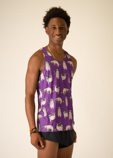 Model is wearing Chicknlegs men's runner singlet in the Sloth design, facing right.