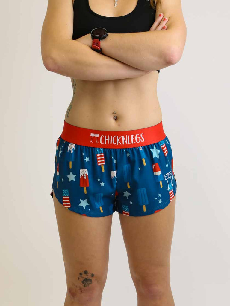 Front view of the women's 1.5 inch USA popsicles split running shorts from ChicknLegs.