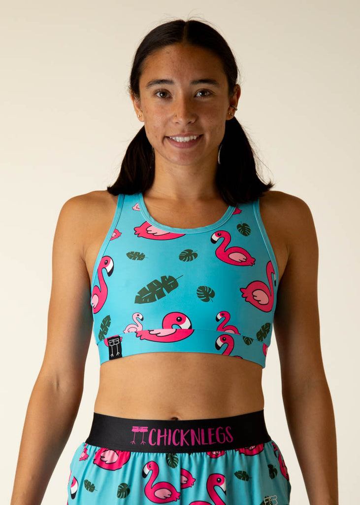 Front view of the women's OG Blue Flamingos Sports Bra.
