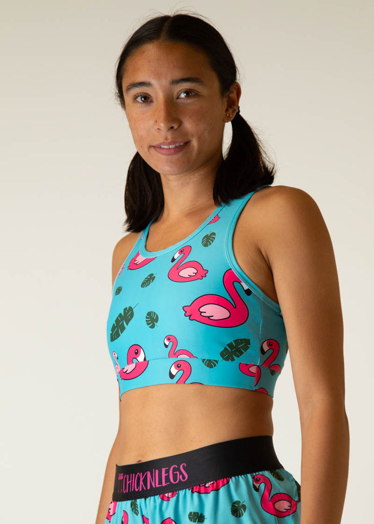 Side view of the women's blue flamingo OG sports bra from ChicknLegs.