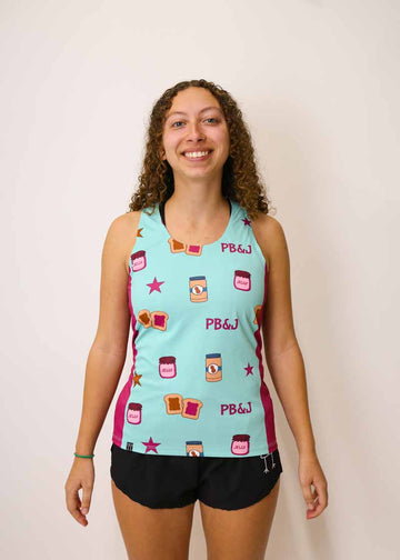 Front view of the women's PB&J running singlet from ChicknLegs.