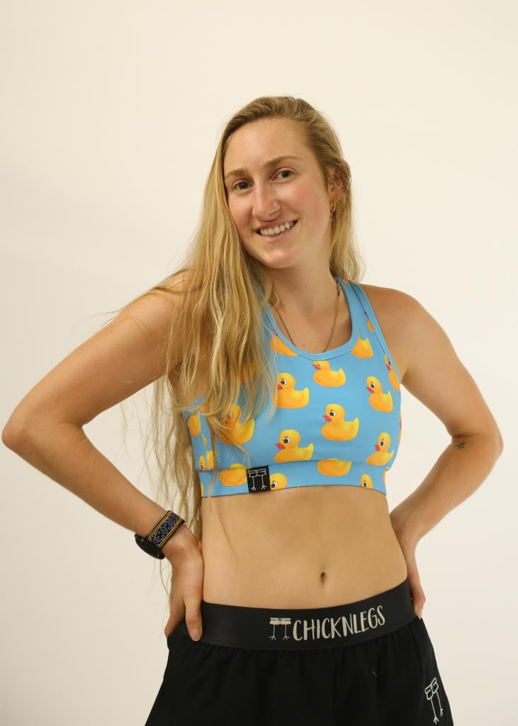 Front view of the rubber ducky OG running sports bra from ChicknLegs.