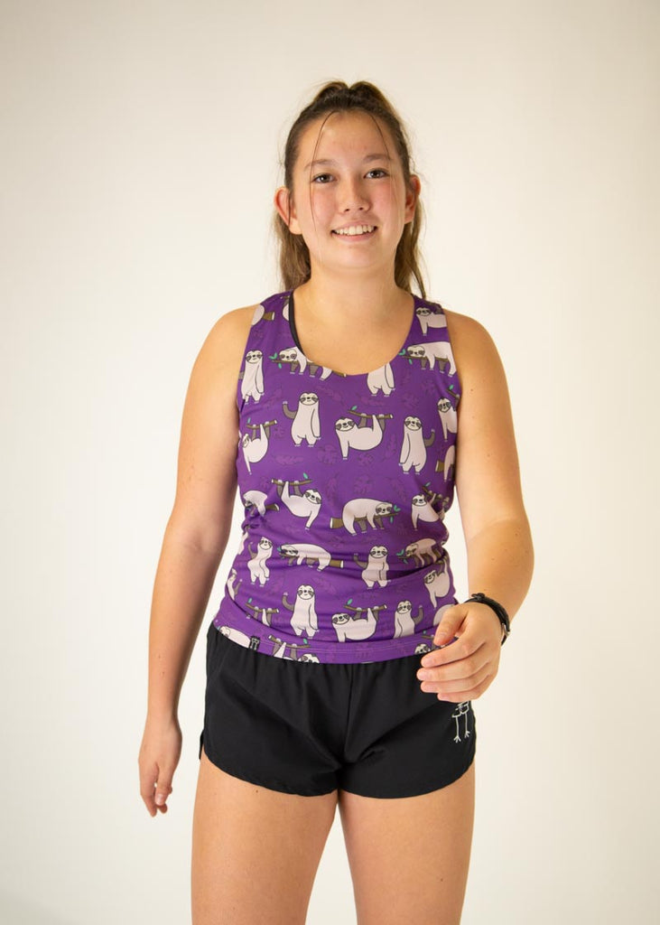 The model is a runner who is wearing Chicknlegs women's singlet in the sloths design, facing front.