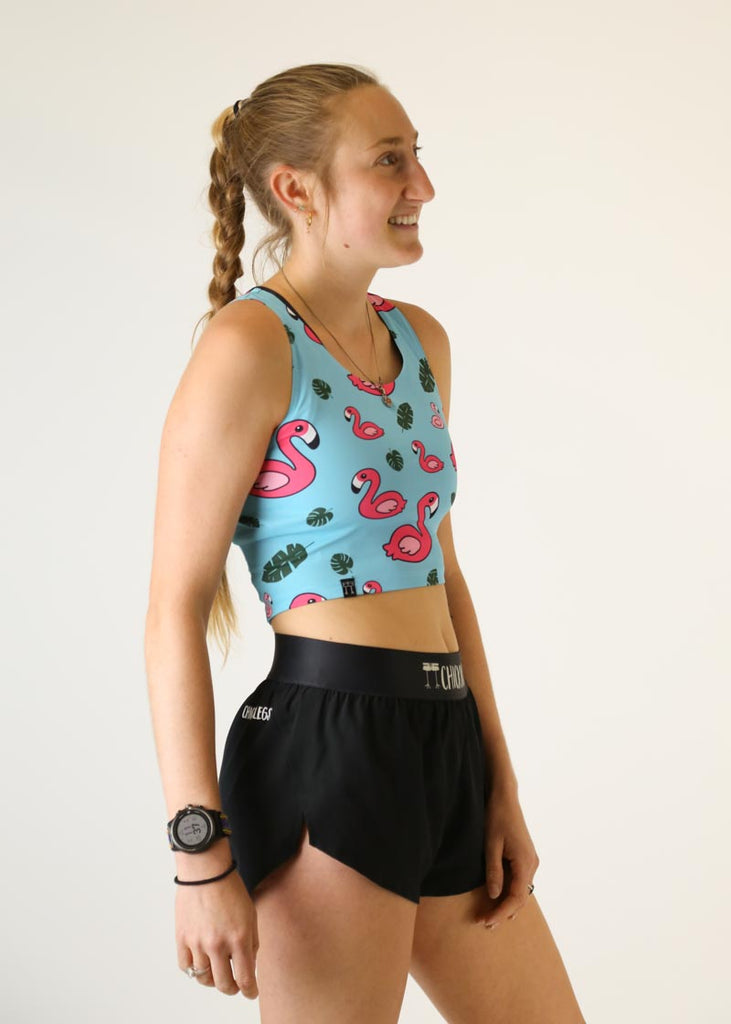 Side view of the Women's Blue Flamingo PWR Crop Top from ChicknLegs.
