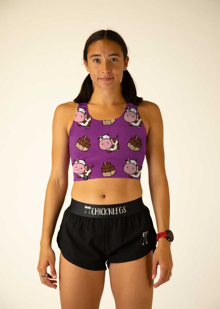 Front view of the women's choccy cows PWR crop top from ChicknLegs.